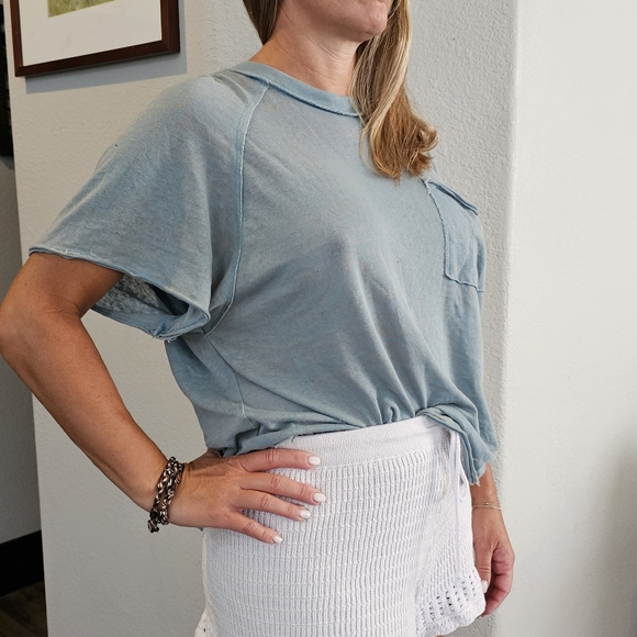 Super Comfy Free People Blue Oversized Knitted Pocket Tee Relaxed Fit Hippie. - Picture 1 of 11